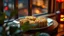 Placeholder: There are four chinese mooncakes on the plate,classical,45 degrees top view,neon lights,life style,Close Shot, middle shot, long shot,by window,night,illuminated by the glowing lights,Foreground Blur,plant