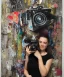 Placeholder: happy beautiful girl holding big proffesional camera in studio. street art, oil on canvas, spray paint, collage, letters, newspapeers, Dave McKean, Vladimir Fedotko, Saturno Butto, Vaughn Bodé, Frank Wu, James C. Christensen, collage, dirty, paint dripping, radiant