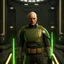 Placeholder: star wars bald male corellian jedi pilot wearing black and olive drab old republic armored flightsuit with gold trim inside the jedi temple holding a lightsaber with viridian green blade in left hand, centered head and shoulders portrait, hyperdetailed, dynamic lighting, hyperdetailed background, 8k resolution, volumetric lighting, light skin, fully symmetric details