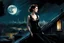 Placeholder: anne hathaway in a sexy black lace dress on a roof at night under a full moon : dark mysterious esoteric atmosphere :: digital matt painting with rough paint strokes by Jeremy Mann + Carne Griffiths + Leonid Afremov, black canvas, dramatic shading