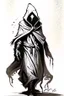 Placeholder: Hooded figure black and white ttrpg sketch art full body