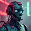 Placeholder: a robot from a dystopian future, cyberpunk aesthetic, worn with age, neon