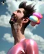 Placeholder: Ultra realistic speed clouds sky scene, wide angle view, sweet men falling down, Childs, feather inflatable color clothing, free jumping flying, many trinkets, hair monster, many jelly beans, balls, color smoke, smile, happy, circus style, extreme, wind, clouds sea, 20,000 feet altitude, stratosphere, soft color, highly detailed, unreal engine 5, ray tracing, RTX, lumen lighting, ultra detail, volumetric lighting, 3d, finely drawn, high definition, high resolution.