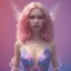 Placeholder: a pink castle, a cheerful fairy in front, big smile, pink, blonde hair, beautiful, whole face, whole top hair head, wide open blue eyes, transparent wings onn the back, hyperrealism, masterpiece, expert, cinematic lighting, sharp focus, 8K, pastel, macro lens, woman, detailed, flower