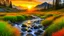 Placeholder: A view of breathtaking nature, at sunrise with a mountain stream and mountains in the background.