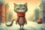 Placeholder: a cute cat is walking down the street, fluffy, weighty, big head, expressive eyes, smiling, cartoon, new year, warm colors, fantasy, warm knitted suit, morning, winter, H.R.Giger, Catherine Welz Stein, Dmitry Vishnevsky