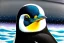 Placeholder: One single mature penguin, friendly, riding on a bike, perfect iris, perfect eyes, model style, hyper realistic, extremely accurate, delicate, extremely detailed, Graphic novel style, colours, wide-angle, open aperture, superfine pencil