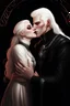 Placeholder: Strahd Von Zarovich being kissed by a beautiful woman with white hair, wearing an off the shoulder dress. Settling and background are a lavish toomb with an ebony coffin.