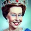 Placeholder: Disney Portrait of a queen elisabeth, dark hair, sharp dark eyes, bright blue lighting, sarcastic smile, sharp focus hair.