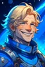 Placeholder: Galactic strong smiling man knight of sky deep blue eyed blondhaired vessel