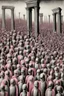 Placeholder: columns of gray men on the march toward sterility and self destruction; optical art; black and white ink wash with 50 shades of pink