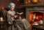 Placeholder: create an elegant old English parlor scene, noble elderly woman in richly detailed 1800s gown, seated by a roaring fireplace in a rocking chair, reading as a fluffy Persian cat with glowing green eyes rests on her lap, candlelight flickering, antique wallpaper, teacup and porcelain tray nearby --ar 3:2 --v 7 --style raw
