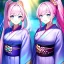 Placeholder: Clear focus, 8k, high quality, detailed, beautiful lighting, girl, vibrant colors, pink long hair, vibrant blue eyes, twins, kimono, ponytail, smile