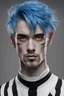 Placeholder: A man with blue hair with black stripes, red eye color, white skin, and no beard