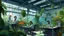 Placeholder: A digital painting by Kuniyoshi and Kandinsky of tech people working inside a futuristic workplace full of plants.