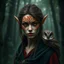 Placeholder: Generate a dark portrait of a female elf, shoulders showing. She is a 40 years old druid. She looks enigmatic and serious. She wears red clothes and a dark green cloak. Her hair is brown, long and messy her eyes are bright orange. She has orange tattoos that fully cover her entire forehead, eyes, nose, lips and chin like paint. She has a screech owl pet on the shoulder. forest background