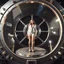 Placeholder: picture of a very huge real working physic based gyroscope with mirror surfaces in a inter star environment ,a very pretty lady with modern future clothing boots standing in main turning disk of gyroscope.1x1