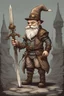 Placeholder: A clockwork gnome in a Illustration Style for a high fantasy world. full portrait with a sword