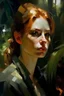 Placeholder: woman face fashion i a djungle. She is at peace. zorn oil painting
