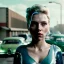 Placeholder: Ultra Realistic retro sci-fi movie burst Supermarket parking scene, 1960 year, waist up view portrait, blonde woman, sweet scarlet Johansson face, perfect iris, glow eyes, face makeup, tight latex coat; many panic people looking, Retro sci-fi style, soft color, highly detailed, unreal engine 5, ray tracing, RTX, lumen lighting, ultra detail, volumetric lighting, 3d, finely drawn, high definition, high resolution.