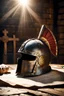 Placeholder: The Roman centurion's helmet lies on an old cracked wooden table. Next to the helmet, on the table, lies a cross on a simple string and a scroll of parchment. Symbols of Roman authority. A ray of sunlight reflects off the helmet. All around is the entourage of ancient Rome. High quality image in 8K