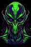 Placeholder: Vibrant Vector Art, Front View, alien soldier, green and purple lava veins, stylized, half body, half skin, black background, 100 eyes, wide face,