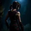 Placeholder: a beautiful tiefling woman with dark hair in a sleeveless battle outfit, seen from the back, at the edge of a precipice in the dark, ready to jump, photo quality, dark colors