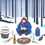 Placeholder: a sad Finnish man without food on his plate, outside his house in the forest, Winter, snow, very cold, Finnish flag down at half way up, Finnish flag, a bottle of Koskenkorva in his hand, knifes and sauna