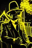 Placeholder: ((A cartoon character of a man)) ((Dresses like a mafia)) (((Sitting in a nightclub)) ((((There is a neon weed logo in the background, outlined on the outside in a golden color with an energy glow )))There is a lot of smoke