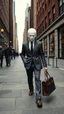 Placeholder: A man with suite carrying a business bag walking in the new York street , his head is a covered with white chalk with no eyes nose or mouth