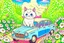 Placeholder: a cute proud chibi fluffy beige cat driving a car made of flower buds: roses, forget-me-nots, hydrangeaes on a cobblestone road in a forest next to a pond in sunshine