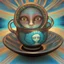 Placeholder: 3D Shading psychedelic fluid by artist "Margaret Keane", glowing 3d symmetrical face in glass cup, larimar nacre bismuth, by artist "Shaun Tan"