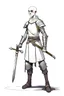 Placeholder: full length, friendly, tall 22-year old, shaved head, grey-eyed female cleric wearing scale mail with a sickle