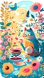 Placeholder: Children book style Boho cat in flowers garden having tea with funny bird in sunlight seamless