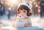 Placeholder: cute brunette chibi girl eating white snowcake in sunshine ethereal, cinematic postprocessing, bokeh, dof