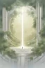 Placeholder: Desolate treeless post-Apocalyptic urban setting with a huge portal being generated in mid air. The border of the portal is made of a wispy translucent white and golden lacy light with geometric fractal patterns. Inside of the portal, a peaceful lush forest setting with a waterfall can be seen distinctly juxtaposed with the dismal setting outside of the beautiful portal