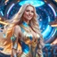 Placeholder: (masterpiece, best quality, 8k, RAW photo, beautiful and aesthetic:1.2), complex detail, Indirect light, photorealistic, (((full body))), 2 Cosmic <russian goddess smiling, long curved blonde hair, Mixed, sci-fi and traditional russian outfit, colorfull Sci-Fi environment