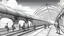 Placeholder: adorable cartoon style, An artistic rendering of a railway station where the walls are cracking, revealing bone structures inside. The atmosphere is lively, filled with diverse travelers, including a Middle-Eastern woman, an African man, and an Asian child, under a clear blue sky., black and white monochromatic palette, grey scale, blurry, muted colors, long exposition motion blur, 3d render cartoon