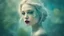 Placeholder: old retro photography, faded vignette, worn and cracked, double exposure, surrealism, blonde humanoid from another world, red lips, half body, greenish blue pale transparent glowing skin, plants growing out of head, tattoo, alien transparent eyes, hyperdetail, double exposure, Anna Razumovskaya, Anna Dittmann, Luis Royo, neo-impressionism, expressionism, oil painting. Vivid, detailed and textured brushstrokes reminiscent of Royo and Peter Coulson. Deep colors and dramatic lighting with cinematic