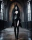 Placeholder: Beauty of Queen Vampire Gothic,Full a length image full body Pretty bigbusty female dark creepy gothic makeup,pretty eyes,black metal rock clothes gothic style,tight black leather jacket heavy metal punk rocker style,cinematic colors,walk in dark castle room,bats flying surrounded