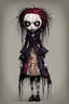 Placeholder: full color, illustration of a dark menacing Scottish vampire girl, tall and willowy , as a decayed, broken, crude homemade patchwork cloth doll toy, with a cracked porcelain face, thick dark eyebrows, hair made from ragged strips of cloth, art in the style of Alex Pardee and Tim Burton