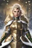 Placeholder: Fantasy art, woman valkyrie, blond short hair, beautiful woman, golden armour, snow background, green eyes,