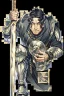 Placeholder: A handsome 30 year old knight, black hair, male bob haircut, in black-and-gold plate armor, golden katana in both hands, no beard, european, proper arms