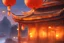 Placeholder: a painting of a chinese building with lanterns floating in the air, a detailed matte painting by Pu Hua, Artstation, sots art, concept art, matte painting, volumetric lighting