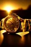 Placeholder: Generate an image capturing the warm glow of a men's solid gold watch during the golden hour, highlighting its radiant beauty against a stylish backdrop.