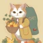 Placeholder: cute female cat wearing clothes. cat with a bag in hand, walking in fruits stor. grocery. Standing up. Cat wearing clothes. photographic. cinema