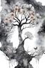 Placeholder: double exposure dry tree with fantasy flowers and profil one fairy face, black and gray and silver watercolor with weet ink, deep dark , surreal, dramatic atmosphere. intricate, stunning textures , mystery. stunning illustration