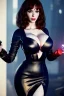 Placeholder: Christina Hendricks dressed in black leather gown, cyberpunk, busty, cleavage, volumetric lighting, particales,highly detailed,cinematic, deep colours,8