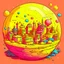 Placeholder: Cartoon planet city, orange pink and yellow