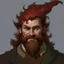 Placeholder: dnd, fantasy, watercolour, portrait, illustration, dull colours, male, dwarf, face, bearded, long brows, frugal, weathered face, green eyes, determined, happy, red hair, very long hair streaming down the shoulders, radiating light, five o'clock shadow, softer facial features, dignified